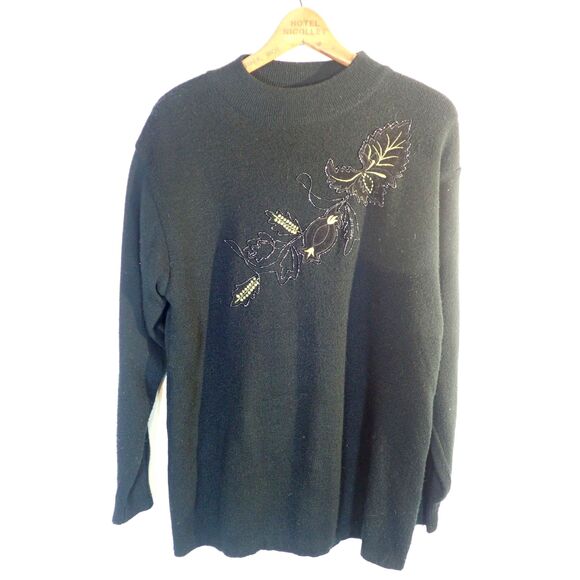 Modes Ky Vintage Sweater Black Gold Embroidery Leaf Large Fall Christmas - Picture 1 of 7